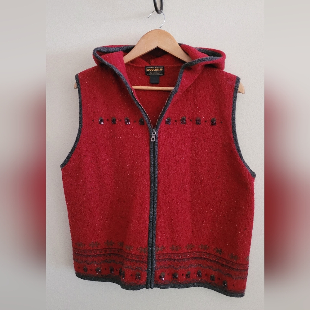 Vtg Woolrich Lambswool Hooded Zippered Sweater Vest, Women's XL, Heathered Red